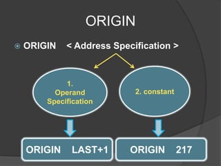 ORIGIN
 ORIGIN < Address Specification >
2. constant
1.
Operand
Specification
ORIGIN LAST+1 ORIGIN 217
 