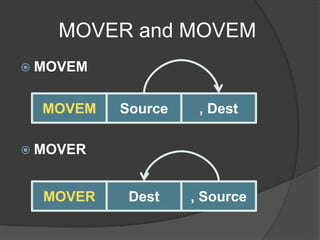 MOVER and MOVEM
 MOVEM
 MOVER
MOVEM Source , Dest
MOVER Dest , Source
 