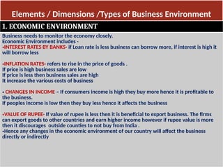 Elements / Dimensions /Types of Business Environment
1. ECONOMIC ENVIRONMENT
Business needs to monitor the economy closely.
Economic Environment includes -
•INTEREST RATES BY BANKS- if Loan rate is less business can borrow more, if interest is high it
will borrow less
•INFLATION RATES- refers to rise in the price of goods .
If price is high business sales are low
If price is less then business sales are high
It increase the various costs of business
• CHANGES IN INCOME – If consumers income is high they buy more hence it is profitable to
the business.
If peoples income is low then they buy less hence it affects the business
•VALUE OF RUPEE- If value of rupee is less then it is beneficial to export business. The firms
can export goods to other countries and earn higher income however if rupee value is more
then it discourages outside counties to not buy from India .
•Hence any changes in the economic environment of our country will affect the business
directly or indirectly
 