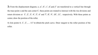 3) From the displacement diagram, o, 𝑎′
, 𝑏′
, 𝑐′
, 𝑑′
,and 𝑓′
are transferred to a vertical line through
the trace point o and the cam center C. these points are rotated to intersect with the rise divisions and
return divisions at 1′, 2′, 3′, 4′, 5′, 6′ and 7′, 8′, 9′, 10′, 11′, respectively. With these points as
center, draw the position of the roller.
4) Join points 0, 1′, 2′,…. 11′ to obtain the pitch curve. Draw tangent to the roller position of the
roller.
 