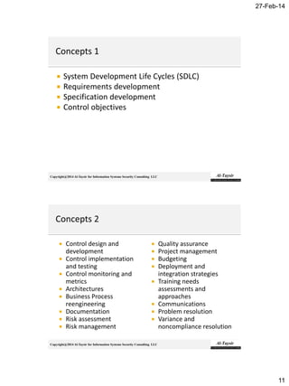 27-Feb-14
11
Copyright@2014 Al-Taysir for Information Systems Security Consulting LLC
 System Development Life Cycles (SDLC)
 Requirements development
 Specification development
 Control objectives
Copyright@2014 Al-Taysir for Information Systems Security Consulting LLC
 Control design and
development
 Control implementation
and testing
 Control monitoring and
metrics
 Architectures
 Business Process
reengineering
 Documentation
 Risk assessment
 Risk management
 Quality assurance
 Project management
 Budgeting
 Deployment and
integration strategies
 Training needs
assessments and
approaches
 Communications
 Problem resolution
 Variance and
noncompliance resolution
 