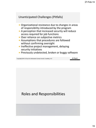 27-Feb-14
19
Copyright@2014 Al-Taysir for Information Systems Security Consulting LLC
 Organizational resistance due to changes in areas
of responsibility introduced by the program
 A perception that increased security will reduce
access required for job functions
 Over reliance on subjective metrics
 Assumptions that procedures are followed
without confirming oversight
 Ineffective project management, delaying
security initiatives
 Previously undetected, broken or buggy software
 