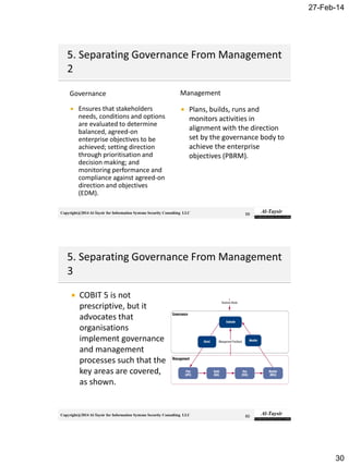 27-Feb-14
30
Copyright@2014 Al-Taysir for Information Systems Security Consulting LLC
Governance
 Ensures that stakeholders
needs, conditions and options
are evaluated to determine
balanced, agreed-on
enterprise objectives to be
achieved; setting direction
through prioritisation and
decision making; and
monitoring performance and
compliance against agreed-on
direction and objectives
(EDM).
Management
 Plans, builds, runs and
monitors activities in
alignment with the direction
set by the governance body to
achieve the enterprise
objectives (PBRM).
59
Copyright@2014 Al-Taysir for Information Systems Security Consulting LLC
 COBIT 5 is not
prescriptive, but it
advocates that
organisations
implement governance
and management
processes such that the
key areas are covered,
as shown.
60
 