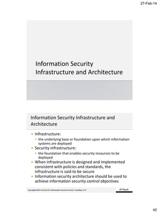 27-Feb-14
42
Copyright@2014 Al-Taysir for Information Systems Security Consulting LLC
 Infrastructure:
 the underlying base or foundation upon which information
systems are deployed
 Security infrastructure:
 the foundation that enables security resources to be
deployed
 When infrastructure is designed and implemented
consistent with policies and standards, the
infrastructure is said to be secure
 Information security architecture should be used to
achieve information security control objectives
 