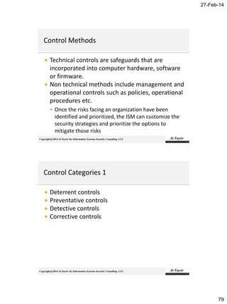27-Feb-14
79
Copyright@2014 Al-Taysir for Information Systems Security Consulting LLC
 Technical controls are safeguards that are
incorporated into computer hardware, software
or firmware.
 Non technical methods include management and
operational controls such as policies, operational
procedures etc.
 Once the risks facing an organization have been
identified and prioritized, the ISM can customize the
security strategies and prioritize the options to
mitigate those risks
Copyright@2014 Al-Taysir for Information Systems Security Consulting LLC
 Deterrent controls
 Preventative controls
 Detective controls
 Corrective controls
 