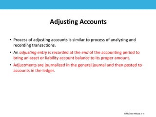 1-16
© McGraw Hill Ltd. 3-16
© McGraw-Hill Education. All rights reserved. Authorized only for instructor use in the classroom. No
reproduction or further distribution permitted without the prior written consent of McGraw-Hill
Education.
Adjusting Accounts
• Process of adjusting accounts is similar to process of analyzing and
recording transactions.
• An adjusting entry is recorded at the end of the accounting period to
bring an asset or liability account balance to its proper amount.
• Adjustments are journalized in the general journal and then posted to
accounts in the ledger.
 