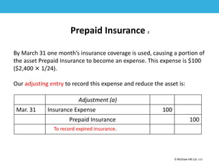 1-21
© McGraw Hill Ltd. 3-21
© McGraw-Hill Education. All rights reserved. Authorized only for instructor use in the classroom. No
reproduction or further distribution permitted without the prior written consent of McGraw-Hill
Education.
Prepaid Insurance 2
By March 31 one month’s insurance coverage is used, causing a portion of
the asset Prepaid Insurance to become an expense. This expense is $100
($2,400 × 1/24).
Our adjusting entry to record this expense and reduce the asset is:
Adjustment (a)
Mar. 31 Insurance Expense 100
Prepaid Insurance 100
To record expired insurance.
 
