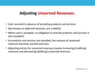 1-33
© McGraw Hill Ltd. 3-33
© McGraw-Hill Education. All rights reserved. Authorized only for instructor use in the classroom. No
reproduction or further distribution permitted without the prior written consent of McGraw-Hill
Education.
Adjusting Unearned Revenues 1
• Cash received in advance of providing products and services.
• Also known as deferred revenues, are a liability.
• When cash is accepted, an obligation to provide products and services is
also accepted.
• As products and services are provided, the amount of unearned
revenues becomes earned revenues.
• Adjusting entries for unearned revenues involve increasing (crediting)
revenues and decreasing (debiting) unearned revenues.
 