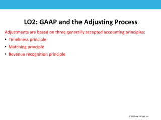 1-6
© McGraw Hill Ltd. 3-6
© McGraw-Hill Education. All rights reserved. Authorized only for instructor use in the classroom. No
reproduction or further distribution permitted without the prior written consent of McGraw-Hill
Education.
LO2: GAAP and the Adjusting Process
Adjustments are based on three generally accepted accounting principles:
• Timeliness principle
• Matching principle
• Revenue recognition principle
 