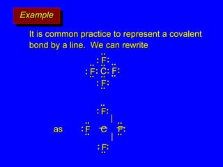Example
Example
It is common practice to represent a covalent
It is common practice to represent a covalent
bond by a line. We can rewrite
bond by a line. We can rewrite
:
: F
F:
:
..
..
..
..
C
C
:
: F
F:
:
..
..
..
..
:
: F
F:
:
..
..
..
..
:
: F
F:
:
..
..
..
..
..
..
C
C
F
F
F
F
F
F
F
F
..
..
..
..
..
..
..
..
:
: :
:
:
: :
:
:
: :
:
..
..
as
as
 