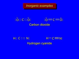 Inorganic examples
Inorganic examples
C
C
:
: :
: :
:
O
O
..
..
:
:
O
O
..
..
:
: :
: C
C :
:
O
O
..
..
O
O
..
..
:
:
:
: :
: :
:
N
N
:
:
C
C
:
:
H
H :
:
N
N
C
C
H
H
Carbon dioxide
Carbon dioxide
Hydrogen cyanide
Hydrogen cyanide
 