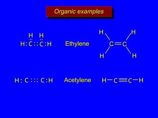 Organic examples
Organic examples
Ethylene
Ethylene
Acetylene
Acetylene
:
: :
: :
:
C
C
:
:
C
C
:
:
H
H H
H C
C
C
C
H
H H
H
C
C
:
: :
:
C
C
..
..
H
H :
: :
:
..
..
H
H
H
H
H
H
C
C C
C
H
H H
H
H
H
H
H
 