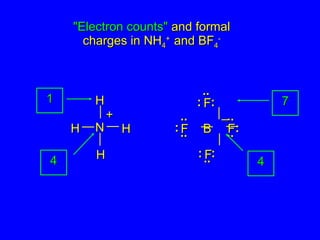"Electron counts"
"Electron counts" and formal
and formal
charges in NH
charges in NH4
4
+
+
and BF
and BF4
4
-
-
1
1
4
4
N
N
H
H
H
H H
H
H
H
+
+
7
7
4
4
..
..
B
B
F
F
F
F
F
F
F
F
..
..
..
..
..
..
..
..
:
: :
:
:
: :
:
:
: :
:
..
..
–
–
 