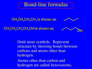 Bond-line formulas
• Omit atom symbols. Represent
structure by showing bonds between
carbons and atoms other than
hydrogen.
• Atoms other than carbon and
hydrogen are called heteroatoms.
CH
CH3
3CH
CH2
2CH
CH2
2CH
CH3
3 is shown as
is shown as
CH
CH3
3CH
CH2
2CH
CH2
2CH
CH2
2OH
OH is shown as
is shown as
OH
OH
 
