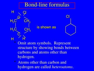 Bond-line formulas
• Omit atom symbols. Represent
structure by showing bonds between
carbons and atoms other than
hydrogen.
• Atoms other than carbon and
hydrogen are called heteroatoms.
H
H Cl
Cl
C
C
C
C
H
H2
2C
C
H
H2
2C
C
CH
CH2
2
CH
CH2
2
H
H
H
H
is shown as
is shown as
Cl
Cl
 