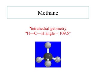 •tetrahedral geometry
•H—C—H angle = 109.5°
Methane
 
