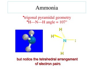 •trigonal pyramidal geometry
•H—N—H angle = 107°
but notice the tetrahedral arrangement
but notice the tetrahedral arrangement
of electron pairs
of electron pairs
N
N
H
H
H
H
H
H
:
:
Ammonia
 