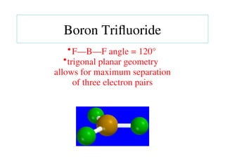 •F—B—F angle = 120°
•trigonal planar geometry
allows for maximum separation
of three electron pairs
Boron Trifluoride
 