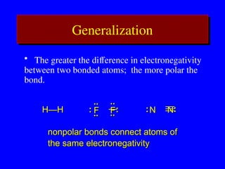 • The greater the difference in electronegativity
between two bonded atoms; the more polar the
bond.
Generalization
nonpolar bonds connect atoms of
nonpolar bonds connect atoms of
the same electronegativity
the same electronegativity
H—H
H—H :
:N
N N
N:
:
F
F:
:
..
..
..
..
F
F
:
:
..
..
..
..
 