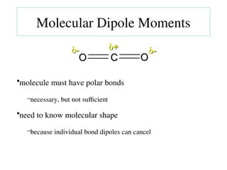 •molecule must have polar bonds
–necessary, but not sufficient
•need to know molecular shape
–because individual bond dipoles can cancel
O
O C
C O
O

+
+

-
- 
-
-
Molecular Dipole Moments
 