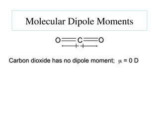 O
O C
C O
O
Carbon dioxide has no dipole moment;
Carbon dioxide has no dipole moment; 
 = 0 D
= 0 D
Molecular Dipole Moments
 