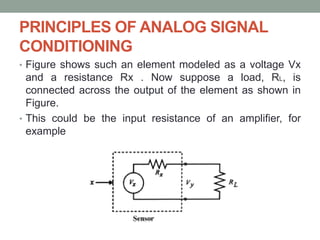 PRINCIPLES OF ANALOG SIGNAL
CONDITIONING
• Figure shows such an element modeled as a voltage Vx
and a resistance Rx . Now suppose a load, RL, is
connected across the output of the element as shown in
Figure.
• This could be the input resistance of an amplifier, for
example
 