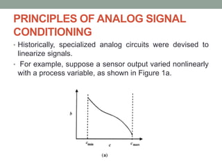 PRINCIPLES OF ANALOG SIGNAL
CONDITIONING
• Historically, specialized analog circuits were devised to
linearize signals.
• For example, suppose a sensor output varied nonlinearly
with a process variable, as shown in Figure 1a.
 