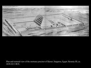 Plan and restored view of the mortuary precinct of Djoser, Saqqarea, Egypt, Dynasty III, ca.
2630-2611 BCE.
 