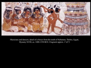 Musicians and dancers, detail of a fresco from the tomb of Nebamun, Thebes, Egypt,
Dynasty XVIII, ca. 1400-1350 BCE. Fragment approx. 1’x2’3
 