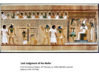 Last Judgment of Hu-NeferFrom his tomb at Thebes, 19th Dynasty, ca. 1290-1280 BCE, painted papyrus scroll, 1’6”high
