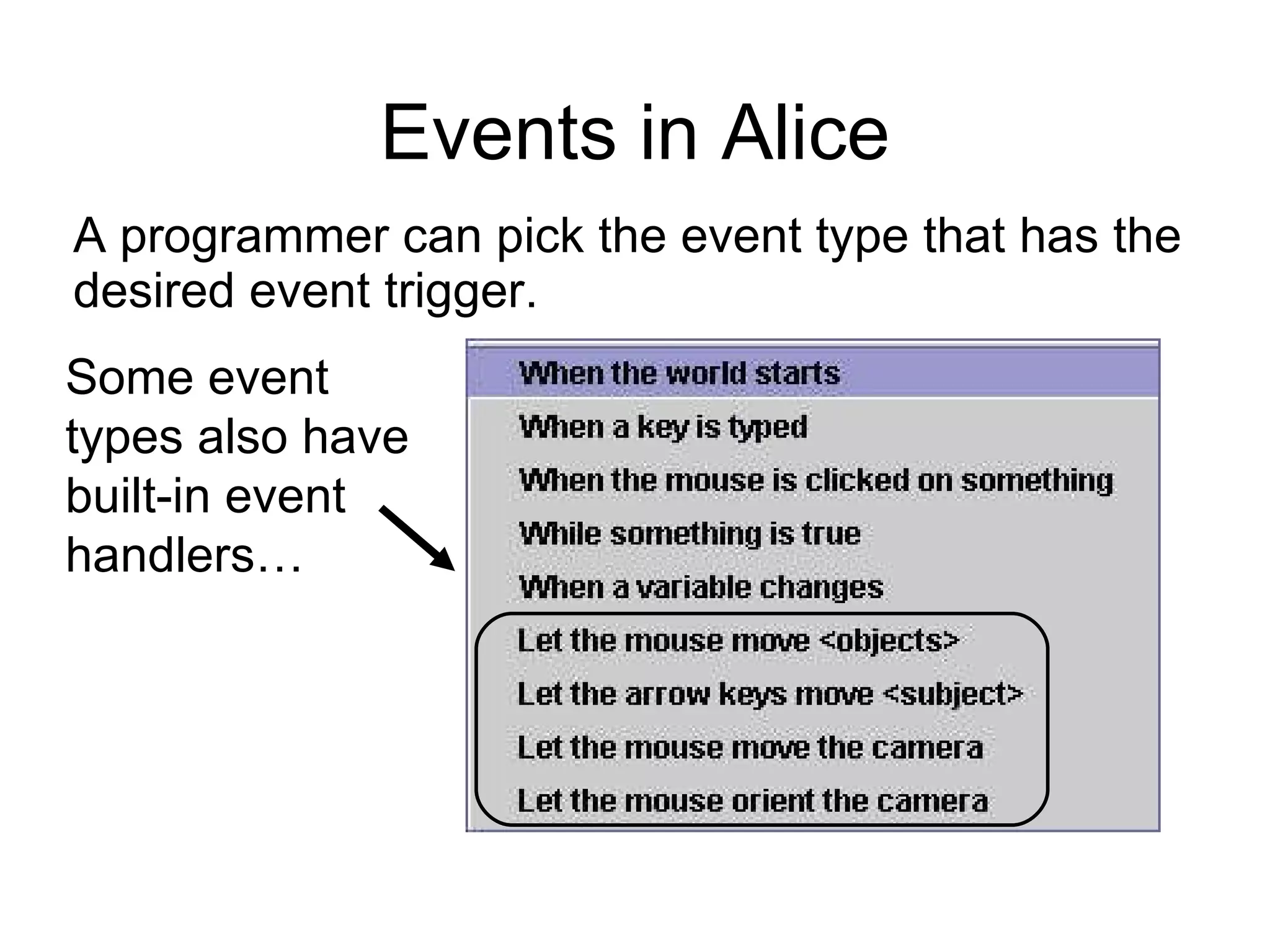 Events in Alice A programmer can pick the event type that has the desired event trigger. Some event types also have built-in event handlers…  