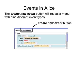Events in Alice The  create   new event  button   will reveal a menu with nine different event types. create new event  button 