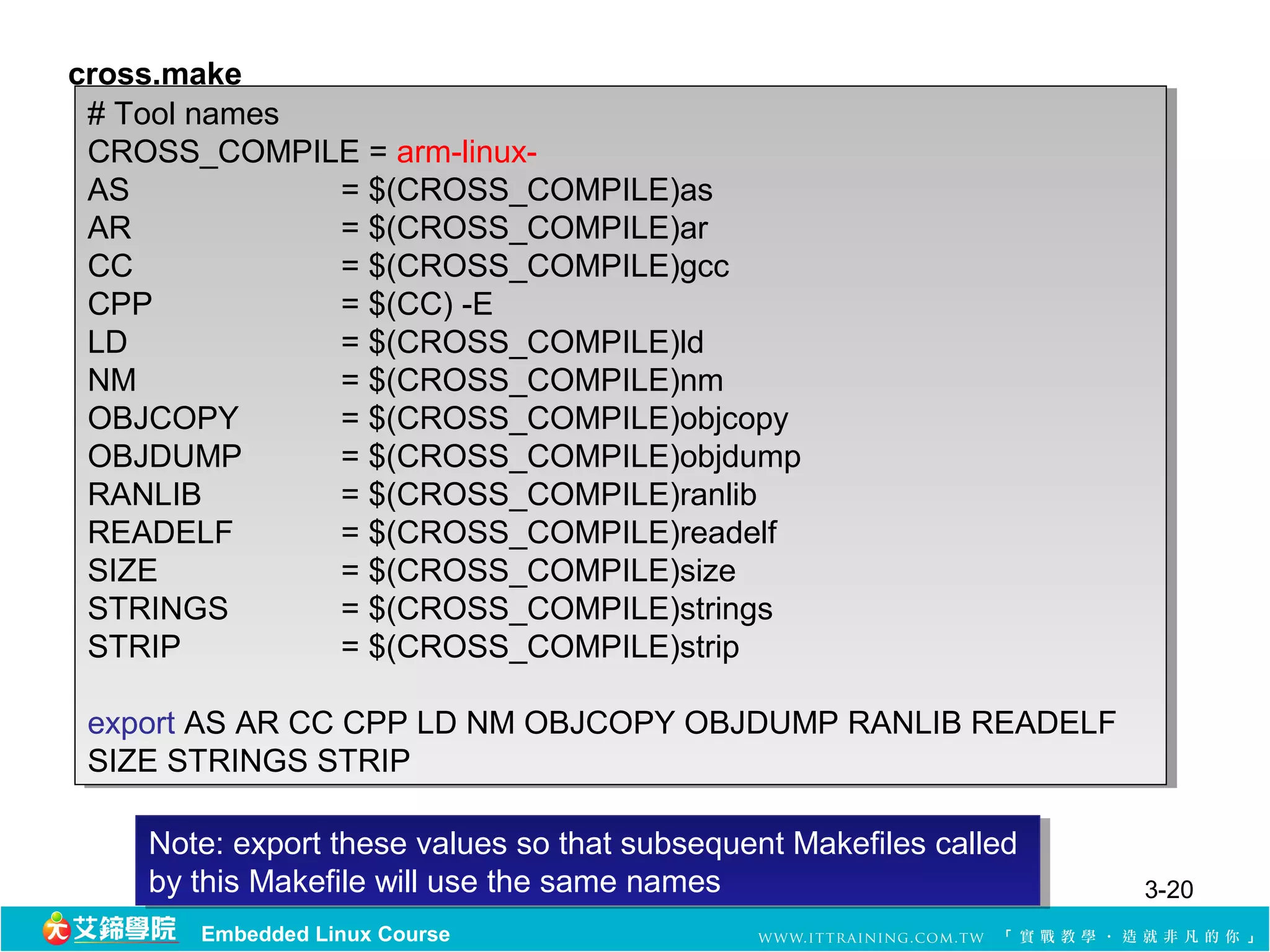 cross.make
 # Tool names
  # Tool names
 CROSS_COMPILE = arm-linux-
  CROSS_COMPILE = arm-linux-
 AS
  AS           = $(CROSS_COMPILE)as
                = $(CROSS_COMPILE)as
 AR
  AR           = $(CROSS_COMPILE)ar
                = $(CROSS_COMPILE)ar
 CC
  CC           = $(CROSS_COMPILE)gcc
                = $(CROSS_COMPILE)gcc
 CPP
  CPP          = $(CC) -E
                = $(CC) -E
 LD
  LD           = $(CROSS_COMPILE)ld
                = $(CROSS_COMPILE)ld
 NM
  NM           = $(CROSS_COMPILE)nm
                = $(CROSS_COMPILE)nm
 OBJCOPY
  OBJCOPY      = $(CROSS_COMPILE)objcopy
                = $(CROSS_COMPILE)objcopy
 OBJDUMP
  OBJDUMP      = $(CROSS_COMPILE)objdump
                = $(CROSS_COMPILE)objdump
 RANLIB
  RANLIB       = $(CROSS_COMPILE)ranlib
                = $(CROSS_COMPILE)ranlib
 READELF
  READELF      = $(CROSS_COMPILE)readelf
                = $(CROSS_COMPILE)readelf
 SIZE
  SIZE         = $(CROSS_COMPILE)size
                = $(CROSS_COMPILE)size
 STRINGS
  STRINGS      = $(CROSS_COMPILE)strings
                = $(CROSS_COMPILE)strings
 STRIP
  STRIP        = $(CROSS_COMPILE)strip
                = $(CROSS_COMPILE)strip

 export AS AR CC CPP LD NM OBJCOPY OBJDUMP RANLIB READELF
  export AS AR CC CPP LD NM OBJCOPY OBJDUMP RANLIB READELF
 SIZE STRINGS STRIP
  SIZE STRINGS STRIP

    Note: export these values so that subsequent Makefiles called
     Note: export these values so that subsequent Makefiles called
    by this Makefile will use the same names
     by this Makefile will use the same names                        3-20
       Embedded Linux Course
 