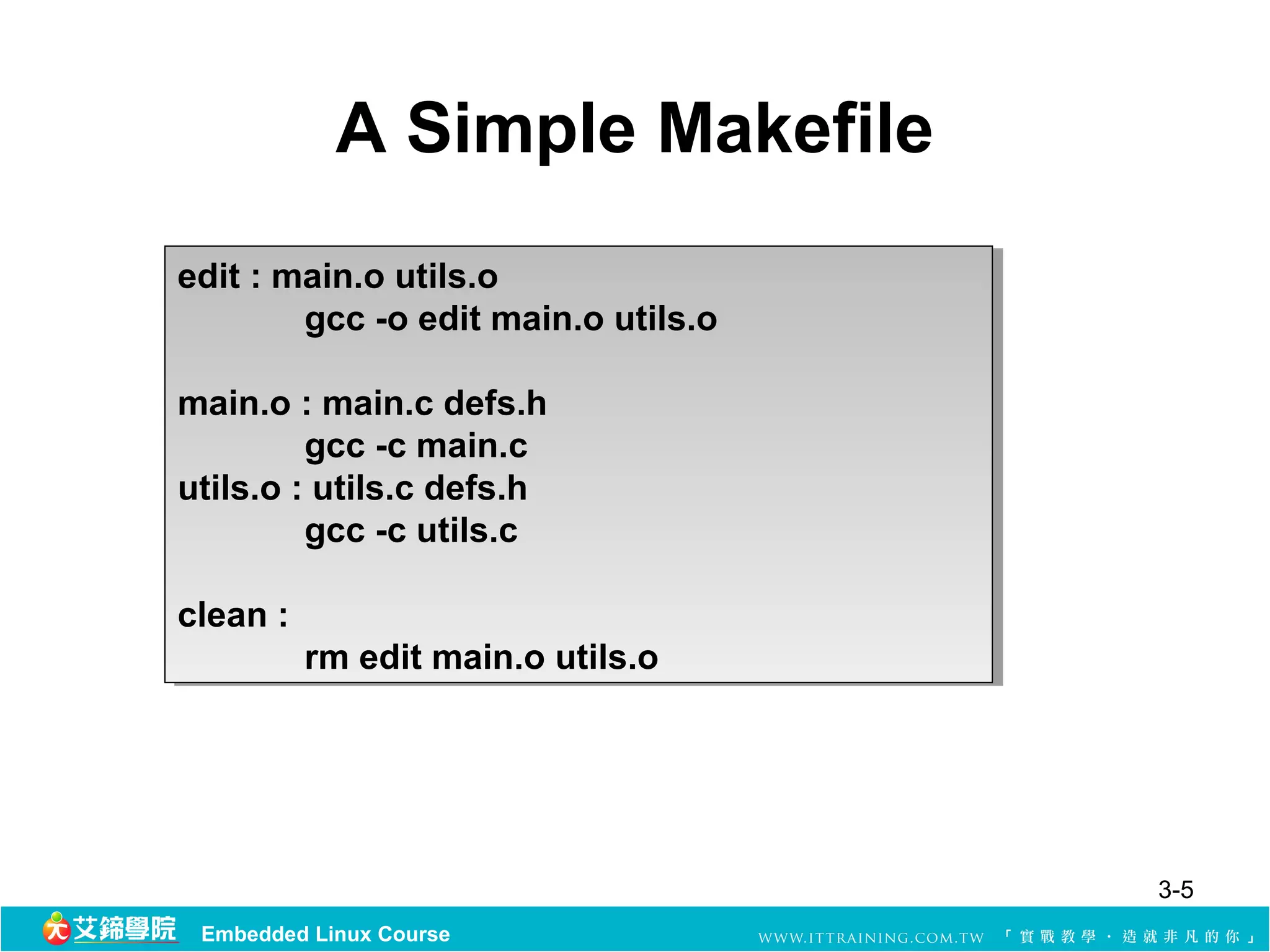 A Simple Makefile
edit ::main.o utils.o
 edit main.o utils.o
        gcc -o edit main.o utils.o
         gcc -o edit main.o utils.o

main.o ::main.c defs.h
main.o main.c defs.h
         gcc -c main.c
          gcc -c main.c
utils.o ::utils.c defs.h
utils.o utils.c defs.h
         gcc -c utils.c
          gcc -c utils.c

clean ::
 clean
           rm edit main.o utils.o
            rm edit main.o utils.o




                                      3-5
 Embedded Linux Course
 
