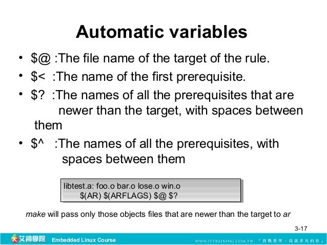 makefile variable assignment 37 how make reads a makefile gnu make does its work in two distinct phases variable assignment variable definitions are parsed as follows. makefile variable assignment 37 how make reads a makefile gnu make does its work in two distinct phases variable assignment variable definitions are parsed as follows.