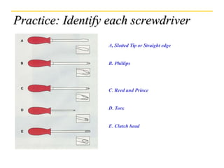 Practice: Identify each screwdriver
A, Slotted Tip or Straight edge
B. Phillips
C. Reed and Prince
D. Torx
E. Clutch head
 