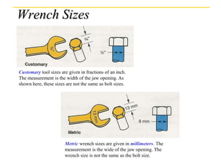 Customary tool sizes are given in fractions of an inch.
The measurement is the width of the jaw opening. As
shown here, these sizes are not the same as bolt sizes.
Metric wrench sizes are given in millimeters. The
measurement is the wide of the jaw opening. The
wrench size is not the same as the bolt size.
Wrench Sizes
 