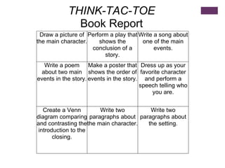THINK-TAC-TOE Book Report Draw a picture of the main character. Perform a play that shows the conclusion of a story. Write a song about one of the main events. Write a poem about two main events in the story. Make a poster that shows the order of events in the story. Dress up as your favorite character and perform a speech telling who you are. Create a Venn diagram comparing and contrasting the introduction to the closing. Write two paragraphs about the main character. Write two paragraphs about the setting. 