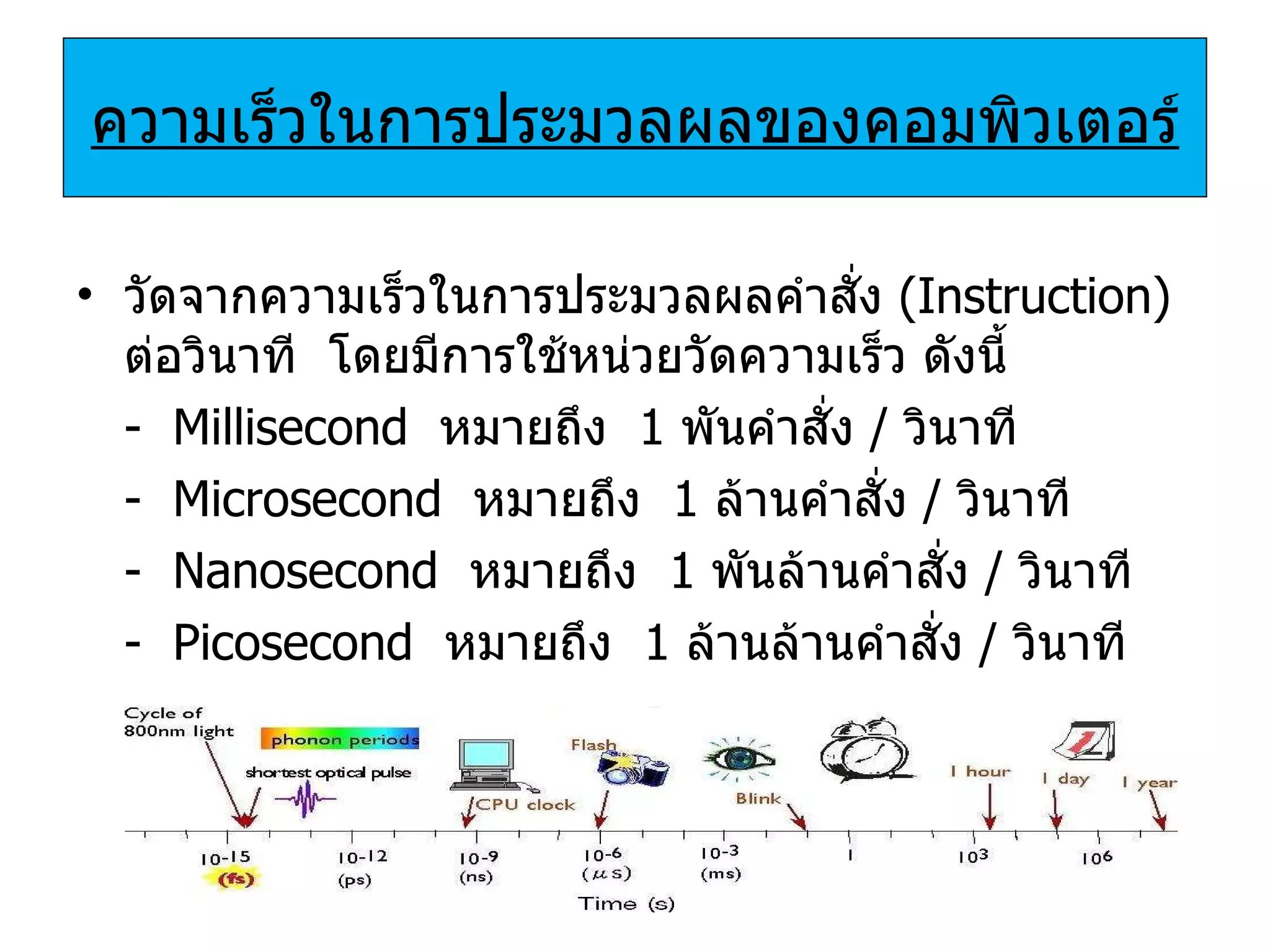 ความเร็วในการประมวลผลของคอมพิวเตอร์ วัดจากความเร็วในการประมวลผลคำสั่ง  ( Instruction)  ต่อวินาที  โดยมีการใช้หน่วยวัดความเร็ว ดังนี้ -   Millisecond   หมายถึง   1  พันคำสั่ง  /  วินาที -   Microsecond   หมายถึง   1  ล้านคำสั่ง  /  วินาที -   Nanosecond   หมายถึง   1  พันล้านคำสั่ง  /  วินาที -   Picosecond   หมายถึง   1  ล้านล้านคำสั่ง  /  วินาที 