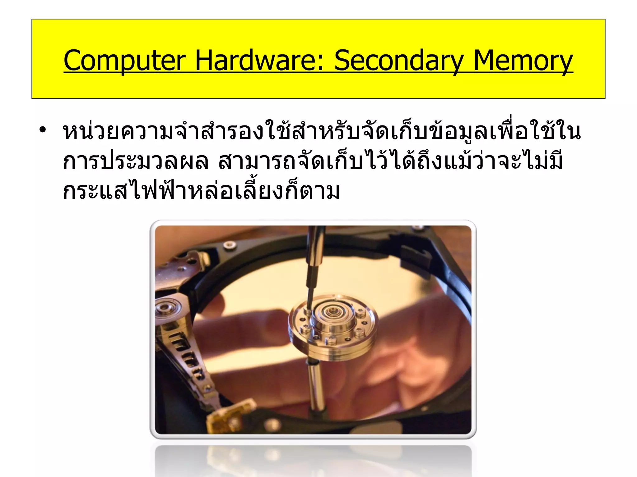 หน่วยความจำสำรองใช้สำหรับจัดเก็บข้อมูลเพื่อใช้ในการประมวลผล สามารถจัดเก็บไว้ได้ถึงแม้ว่าจะไม่มีกระแสไฟฟ้าหล่อเลี้ยงก็ตาม Computer Hardware: Secondary Memory 