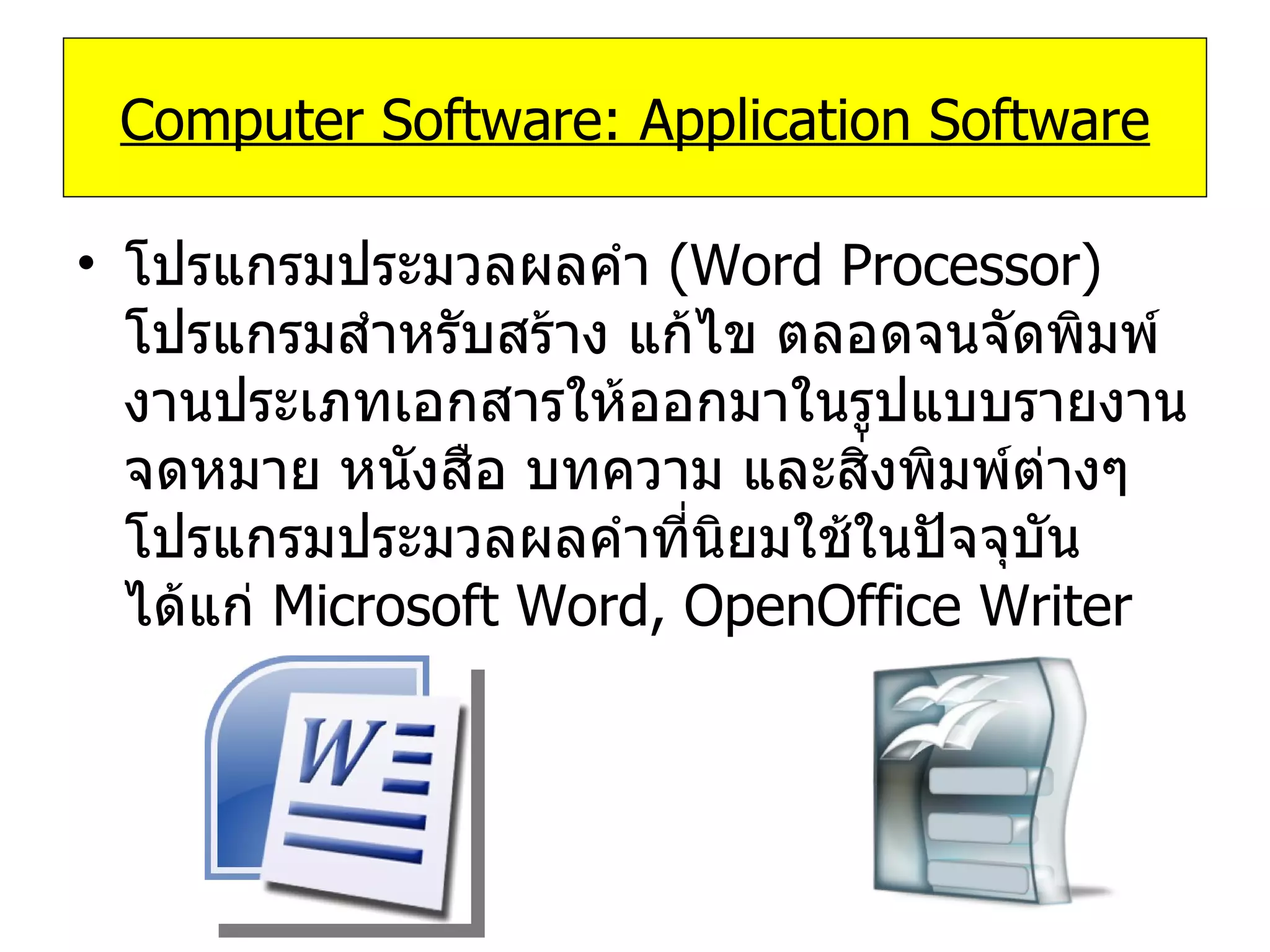 โปรแกรมประมวลผลคำ   (Word Processor)  โปรแกรมสำหรับสร้าง แก้ไข ตลอดจนจัดพิมพ์งานประเภทเอกสารให้ออกมาในรูปแบบรายงาน จดหมาย หนังสือ บทความ และสิ่งพิมพ์ต่างๆ โปรแกรมประมวลผลคำที่นิยมใช้ในปัจจุบัน ได้แก่   Microsoft Word, OpenOffice Writer Computer Software: Application Software 