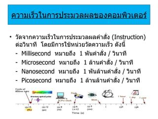 ความเร็วในการประมวลผลของคอมพิวเตอร์ วัดจากความเร็วในการประมวลผลคำสั่ง  ( Instruction)  ต่อวินาที  โดยมีการใช้หน่วยวัดความเร็ว ดังนี้ -   Millisecond   หมายถึง   1  พันคำสั่ง  /  วินาที -   Microsecond   หมายถึง   1  ล้านคำสั่ง  /  วินาที -   Nanosecond   หมายถึง   1  พันล้านคำสั่ง  /  วินาที -   Picosecond   หมายถึง   1  ล้านล้านคำสั่ง  /  วินาที 