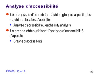 INF6001 Chap 2 36
Analyse d’accessibilité
Le processus d’obtenir la machine globale à partir des
machines locales s’appelle
 Analyse d’accessibilité, reachability analysis
Le graphe obtenu faisant l’analyse d’accessibilité
s’appelle
 Graphe d’accessibilité
 