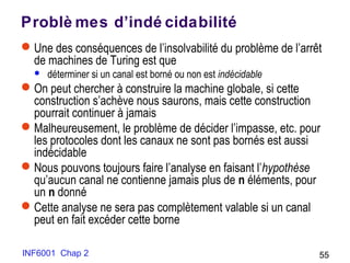 INF6001 Chap 2 55
Problè mes d’indé cidabilité
Une des conséquences de l’insolvabilité du problème de l’arrêt
de machines de Turing est que
 déterminer si un canal est borné ou non est indécidable
On peut chercher à construire la machine globale, si cette
construction s’achève nous saurons, mais cette construction
pourrait continuer à jamais
Malheureusement, le problème de décider l’impasse, etc. pour
les protocoles dont les canaux ne sont pas bornés est aussi
indécidable
Nous pouvons toujours faire l’analyse en faisant l’hypothèse
qu’aucun canal ne contienne jamais plus de n éléments, pour
un n donné
Cette analyse ne sera pas complètement valable si un canal
peut en fait excéder cette borne
 