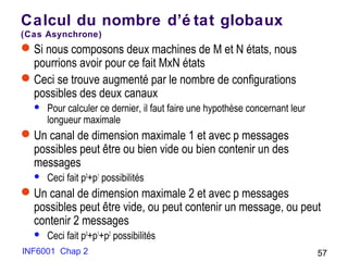 INF6001 Chap 2 57
Calcul du nombre d’é tat globaux
(Cas Asynchrone)
Si nous composons deux machines de M et N états, nous
pourrions avoir pour ce fait MxN états
Ceci se trouve augmenté par le nombre de configurations
possibles des deux canaux
 Pour calculer ce dernier, il faut faire une hypothèse concernant leur
longueur maximale
Un canal de dimension maximale 1 et avec p messages
possibles peut être ou bien vide ou bien contenir un des
messages
 Ceci fait p0
+p1
possibilités
Un canal de dimension maximale 2 et avec p messages
possibles peut être vide, ou peut contenir un message, ou peut
contenir 2 messages
 Ceci fait p0
+p1
+p2
possibilités
 