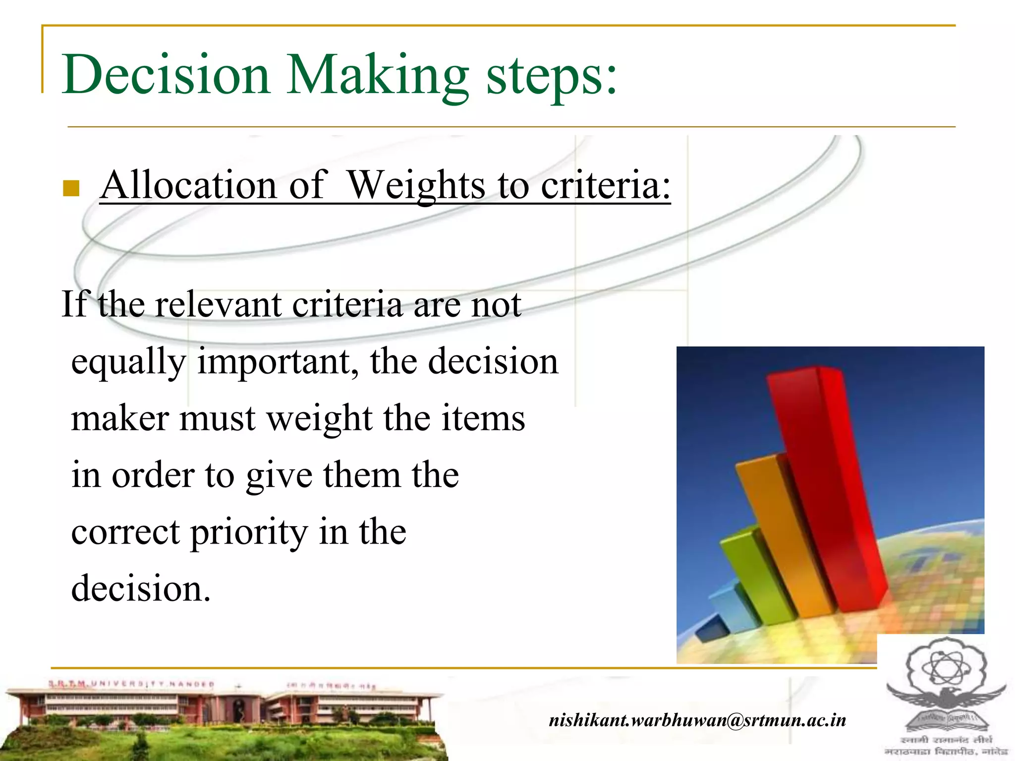 Decision Making steps:
 Allocation of Weights to criteria:
If the relevant criteria are not
equally important, the decision
maker must weight the items
in order to give them the
correct priority in the
decision.
nishikant.warbhuwan@srtmun.ac.in
 