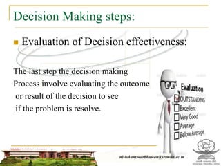 Decision Making steps:
 Evaluation of Decision effectiveness:
The last step the decision making
Process involve evaluating the outcome
or result of the decision to see
if the problem is resolve.
nishikant.warbhuwan@srtmun.ac.in
 