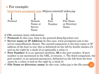  For example:
http://www.javatpoint.com: 80/java-tutorial/ index.jsp
Protocol Domain
Name or
Server
Name
Port
Number
File Name
or Directory
Name
A URL contains many information:
 Protocol: In this case, http is the protocol.(http,ftp,telnet etc)
 Server name or IP Address: In this case, www.javatpoint.com is the
server name(Domain Name). The second component is the host name or IP
address of the host to use; this is delimited on the left by double slashes (//)
and on the right by a slash (/) or optionally a colon (:)
 Port Number: It is an optional attribute. 80 is the port number. If port
number is not mentioned in the URL, it returns -1. The third component, the
port number, is an optional parameter, delimited on the left from the host
name by a colon (:) and on the right by a slash (/)
 File Name or directory name: In this case, index.jsp is the file name. 23
 
