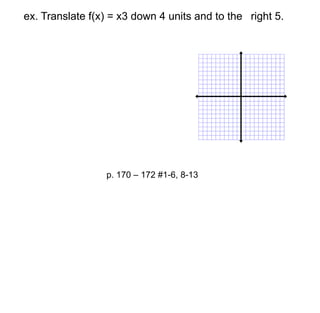 ex. Translate f(x) = x3 down 4 units and to the right 5. 
p. 170 – 172 #1-6, 8-13 
 