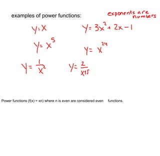examples of power functions: 
Power functions (f(x) = xn) where n is even are considered even functions. 
 
